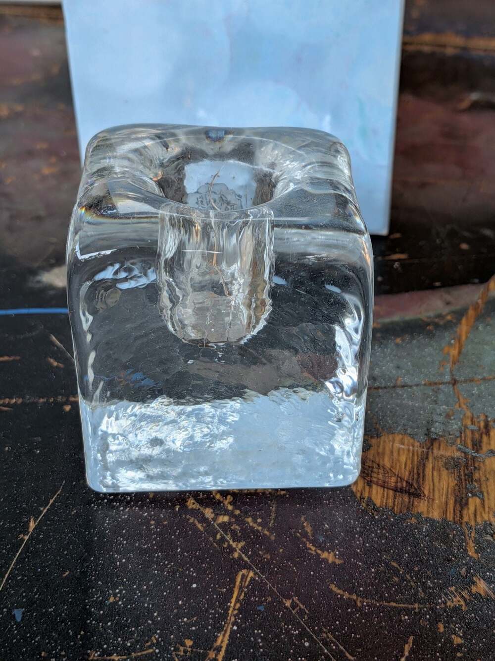 Vintage Blenko Ice Block Square Glass Taper Candle Holder